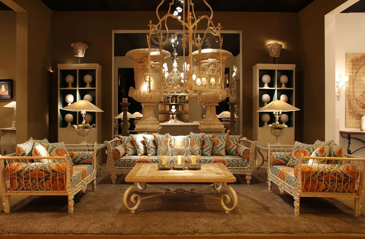 Casa Padrino Conjunto de Muebles de Hierro Forjado Barroco de Lujo Verde / Naranja / Blanco - 1 Sof¨¢ & 2 Sillones & 1 Mesa de Centro - Muebles de Sal¨®n - Muebles Jard¨ªn - Muebles Barrocos de Lujo