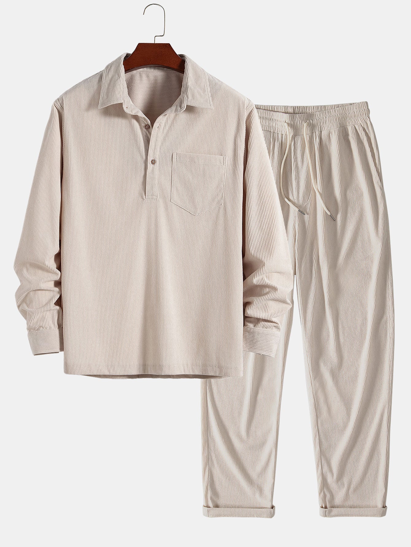 Long Sleeve Polo Collar Corduroy Shirt & Straight Leg Corduroy Pants