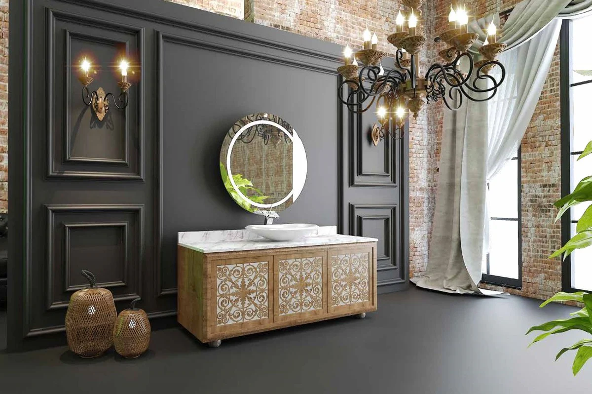 Casa Padrino Conjunto de Ba?o de Lujo Natural / Blanco - 1 Mesa de Lavado con 3 Puertas y 1 Lavabo y 1 Espejo de Pared - Muebles de Ba?o - Calidad de Lujo