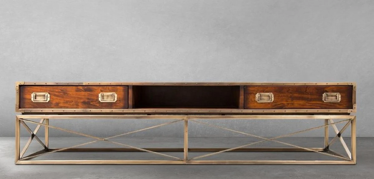 Casa Padrino armario de TV Lujo de estilo vintage marr¨®n / lat¨®n 188 x 45,5 x A. 41,5 cm - Aparador de estilo vintage con 2 cajones - Mueble de sal¨®n de estilo vintage - Muebles de sal¨®n de lujo