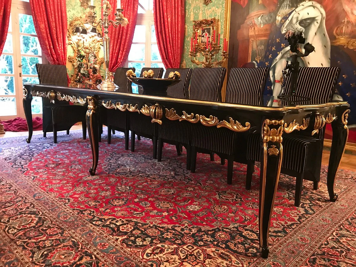 Pomp??s by Casa Padrino Mesa de Comedor Barroco de Lujo con Sobre de Cristal Negro / Oro 350 x 120 x A. 80 cm - Mesa de Comedor Barroco Pomp??s dise?ada por Harald Gl??ckler