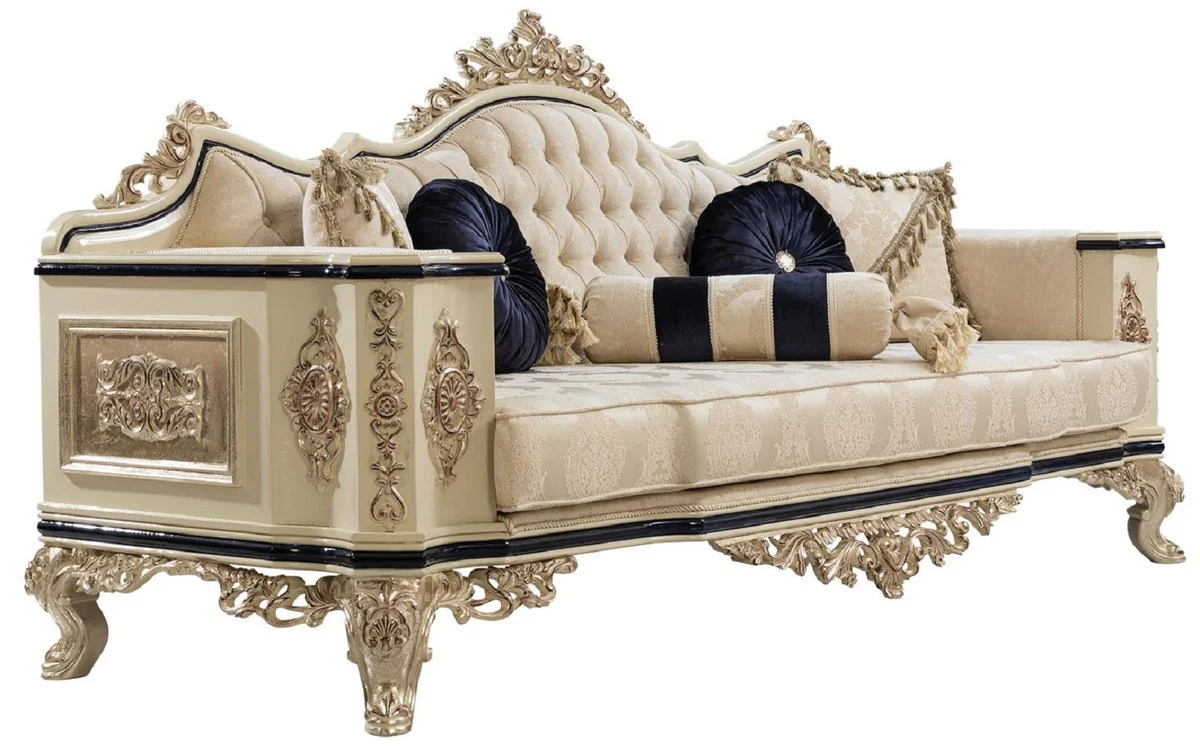 Casa Padrino sof¨¢ barroco de lujo blanco / crema / negro / oro antiguo - Sof¨¢ de sal¨®n de estilo barroco con patr¨®n elegante - Muebles de sal¨®n de lujo en estilo barroco - Muebles barrocos