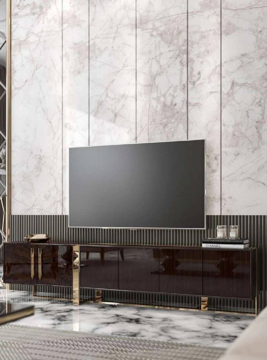 Casa Padrino gabinete TV Art Deco de lujo marrón oscuro brillante / oro - Mueble de TV noble para sala de estar con 6 puertas - Muebles Art Deco