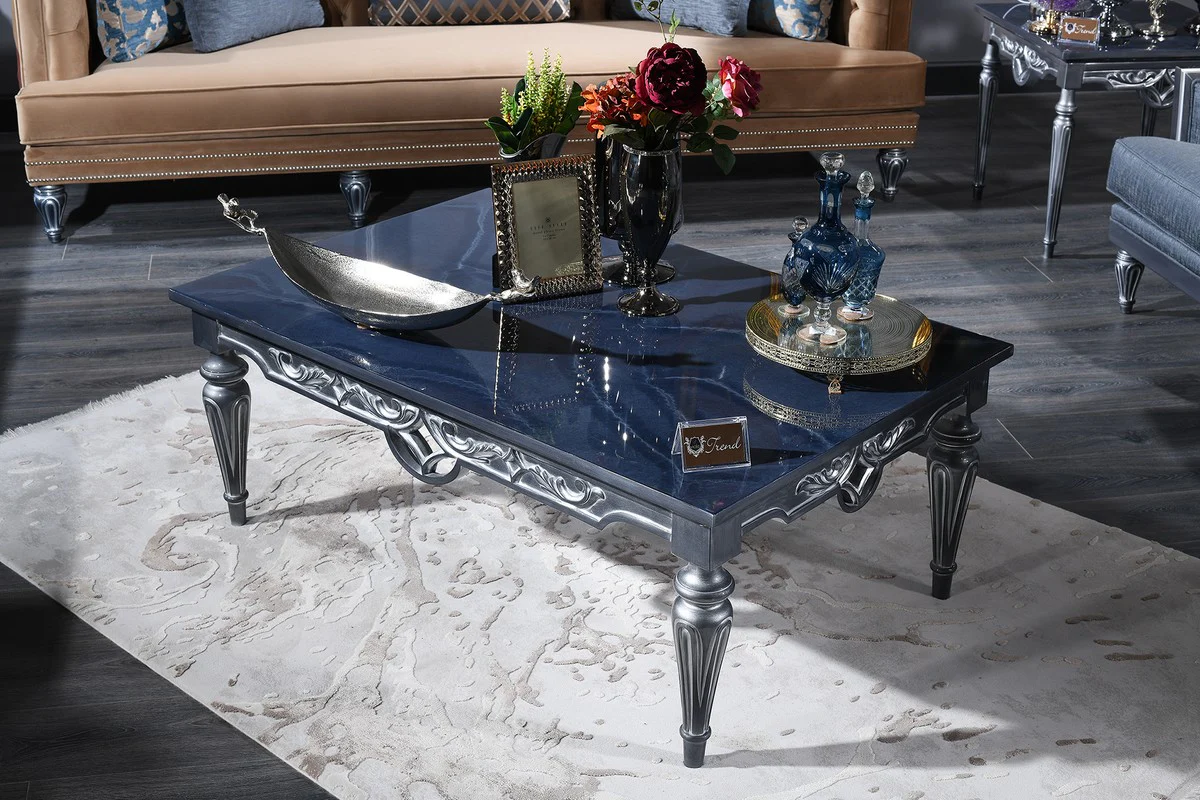 Casa Padrino mesa de centro barroco de lujo azul / plata 143 x 94 x H. 44 cm - Mesa de Salon de Estilo Barroco