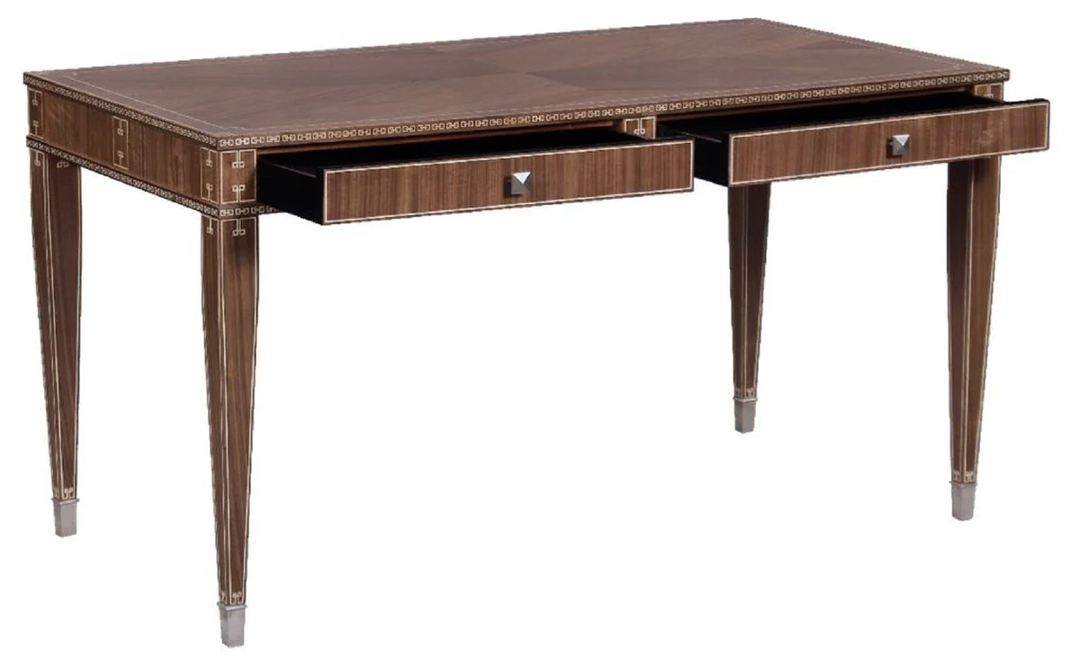 Casa Padrino Escritorio Art Deco de Lujo con 2 Cajones Marr¨®n / Plata 141 x 70 x A. 75 cm - Mesa de Oficina de Madera Maciza - Muebles de Oficina - Muebles Art Deco - Muebles de Lujo