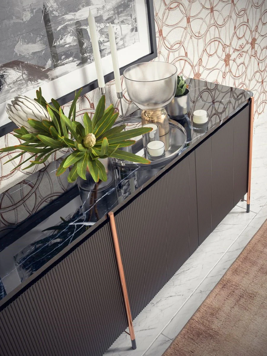 Casa Padrino aparador de lujo negro / negro mate / cobre 240 x 47 x A. 80 cm - Armario de madera maciza con 4 puertas y tapa de mármol - Muebles de comedor - Muebles de salón - Muebles de lujo