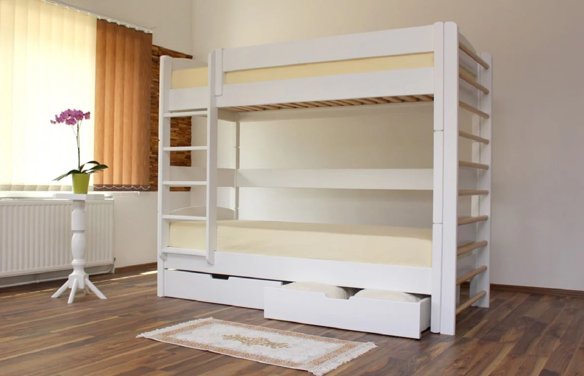 Casa Padrino litera para niños de lujo blanco / natural 211 x 98 x A. 185 cm - Cama infantil multifuncional con escalera y barras de pared - Muebles para la habitación de los niños