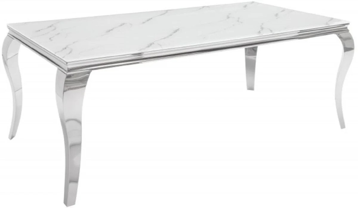 Casa Padrino mesa de comedor de dise?o blanco / gris / plata 200 x 105 x A. 75 cm - Mesa de cocina de acero inoxidable con vidrio de seguridad impreso digitalmente en aspecto m¨¢rmol - Muebles barrocos modernos