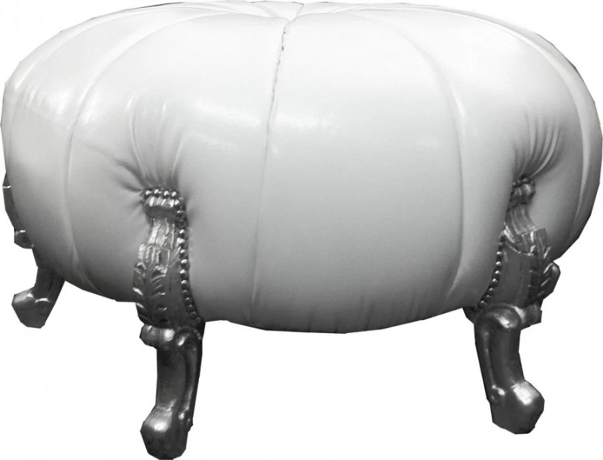 Gran taburete redondo barroco heces bola de cuero blanco mirada / Plata
