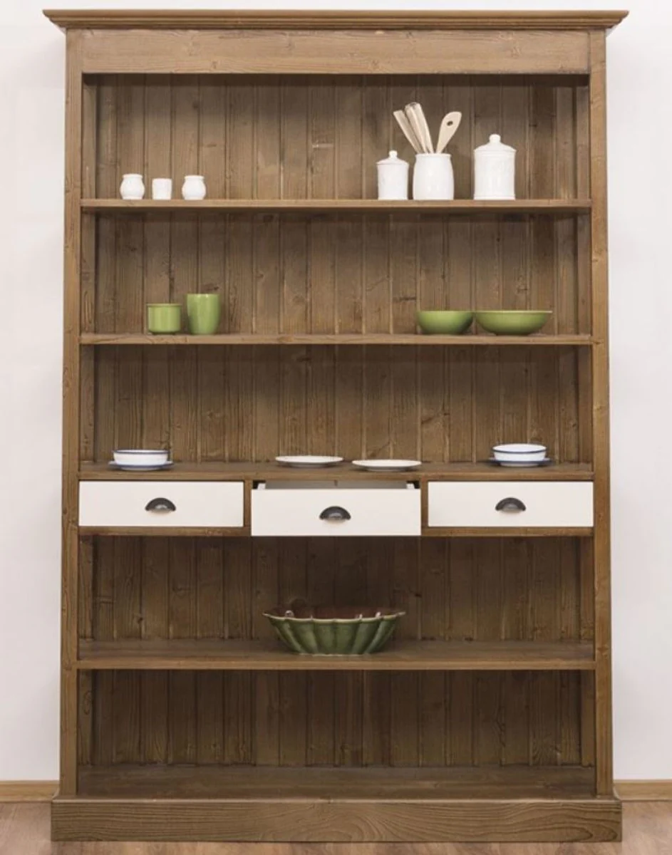 Casa Padrino armario de estante de estilo campestre marr¨®n / blanco 140 x 39 x A. 197 cm - Armario de estilo country con 3 cajones - Armario de cocina de madera maciza - Muebles de estilo campestre