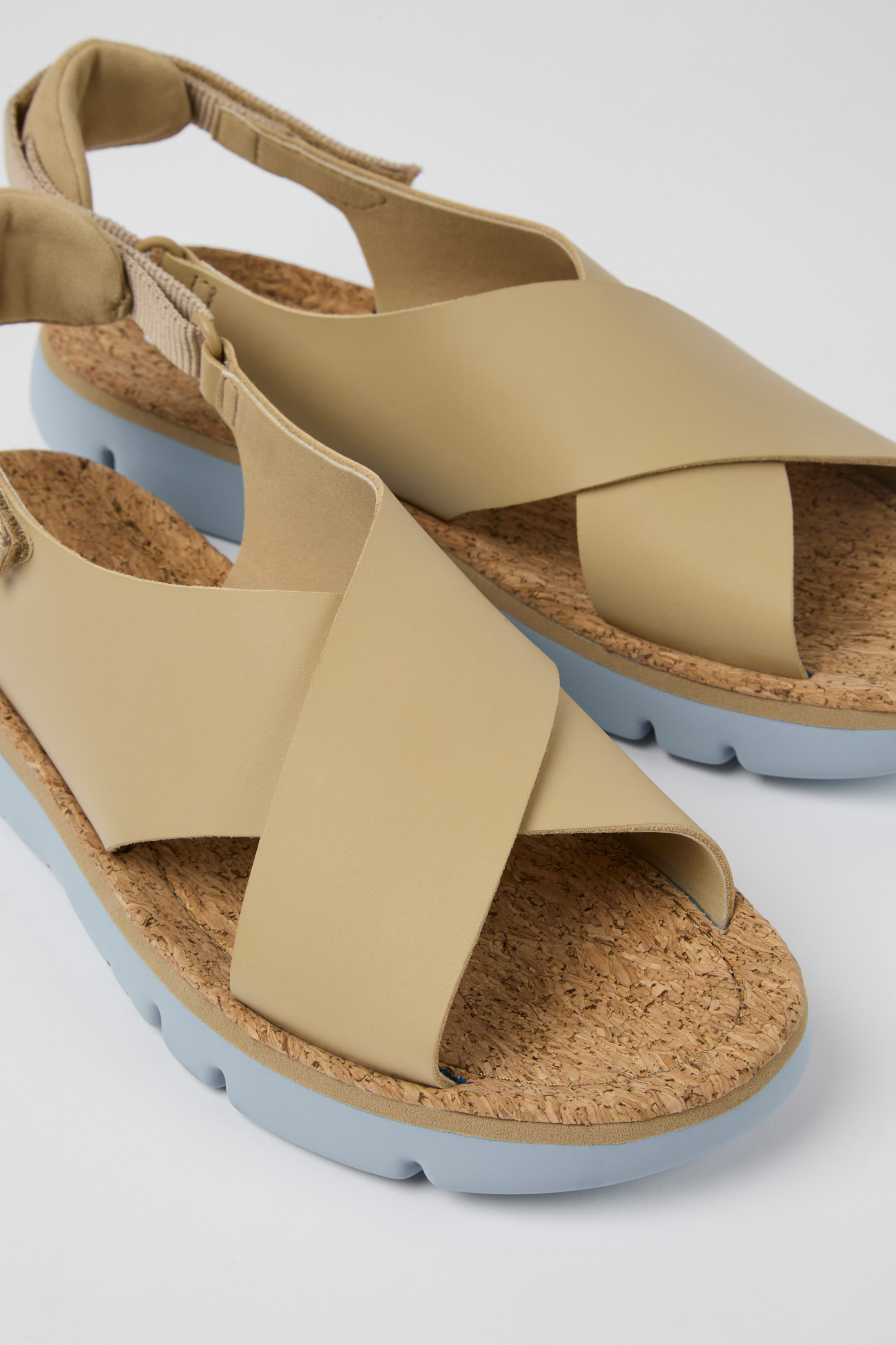 Oruga - Beige leather and textile sandals for women