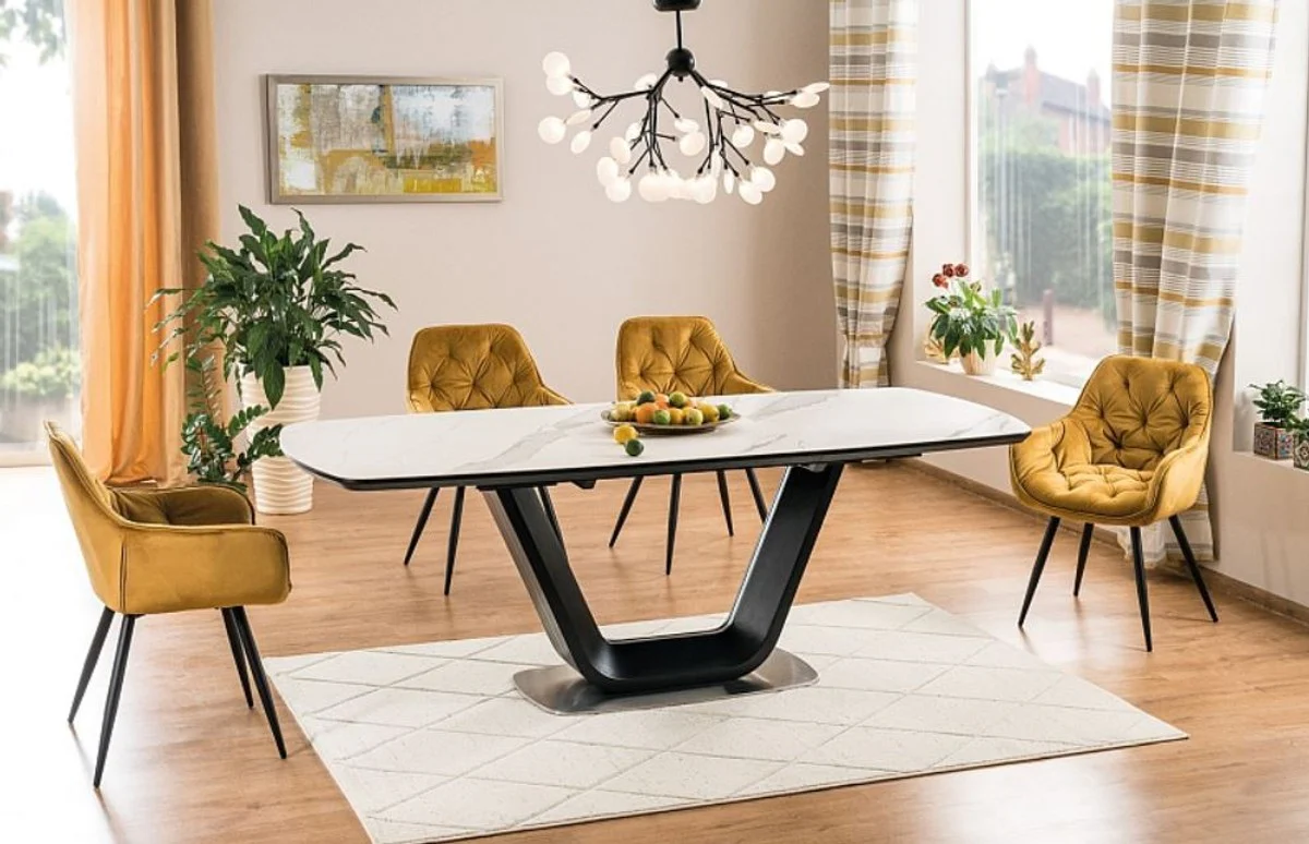 Casa Padrino mesa de comedor de lujo blanco / negro / plata 160-220 x 90 x A. 76 cm - Mesa de cocina extensible con placa de mesa aspecto de m¨¢rmol - Muebles de Comedor de Lujo