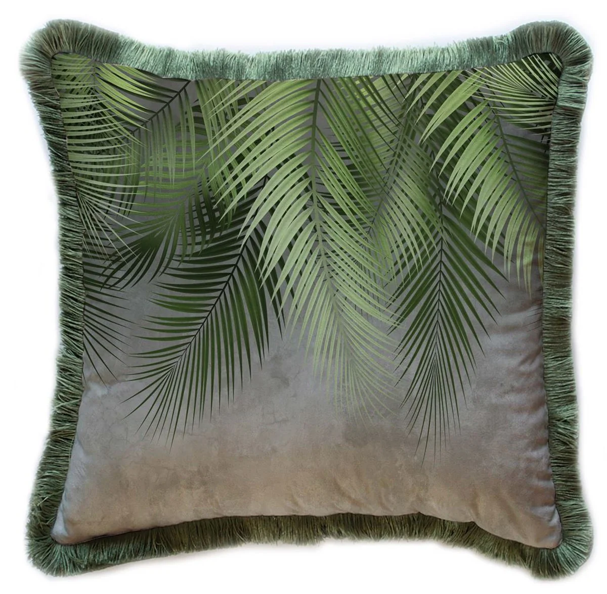 Casa Padrino cojín decorativa de lujo hojas de palma gris / verde 45 x 45 cm - Almohada de terciopelo estampado con flecos - Accesorios decorativos de lujo