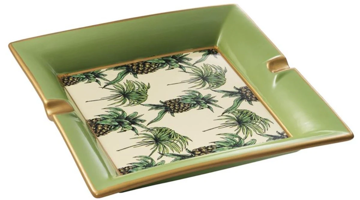 Casa Padrino cenicero de porcelana de lujo diseño de piña verde / multicolor 24.5 x 24.5 x H. 4 cm - Accesorios para el Salón