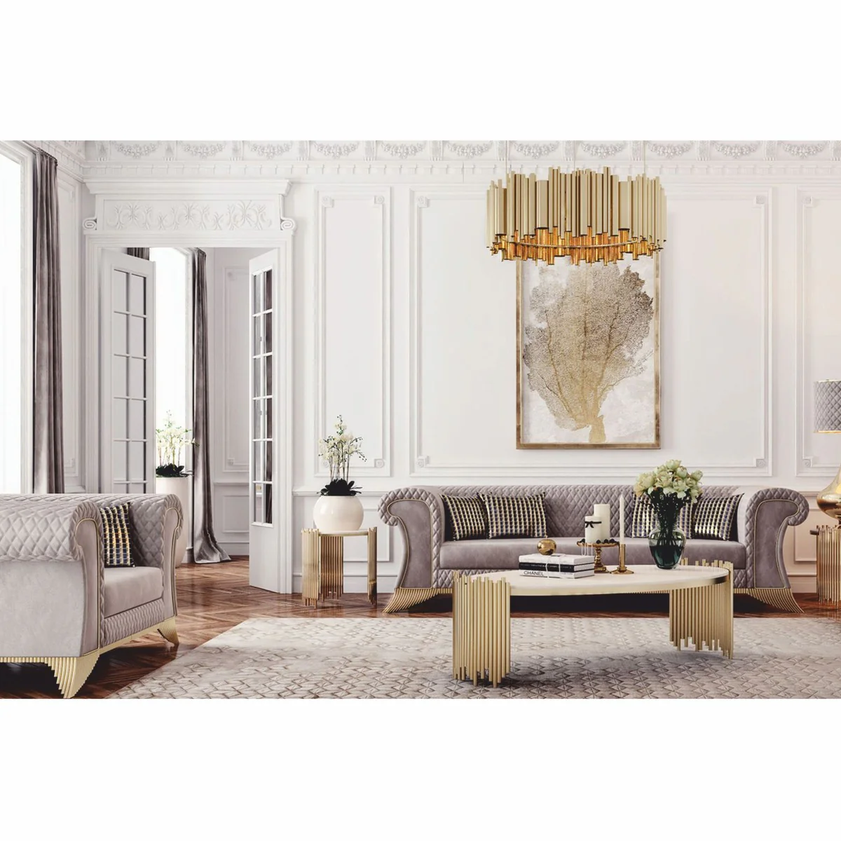 Casa Padrino mesa de centro de lujo con tablero de m¨¢rmol artificial blanco / oro ? 101 cm