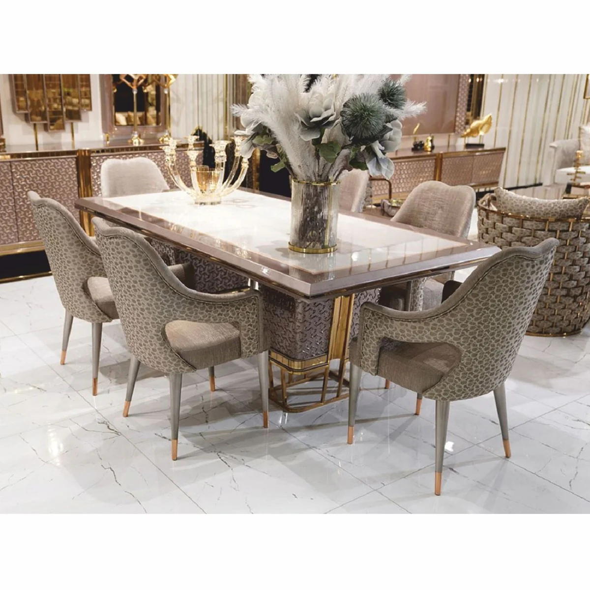 Casa Padrino mesa de comedor de lujo blanco / gris / oro 223 cm - Muebles de comedor