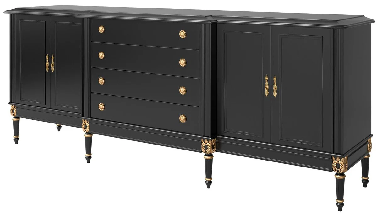 Casa Padrino aparador barroco de lujo negro / oro antiguo 235 x 55 x A. 95 cm - Mueble de sal¨®n noble con 4 puertas y 4 cajones - Muebles Barrocos