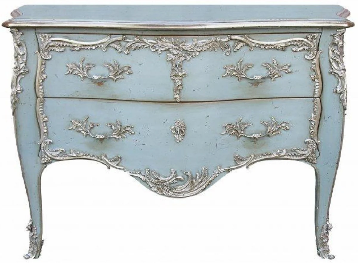 Casa Padrino cómoda barroco con 2 cajones azul claro antiguo / plata - Cómoda de madera maciza hecha a mano en estilo barroco - Muebles barrocos hechos a mano - Noble y Magnífico