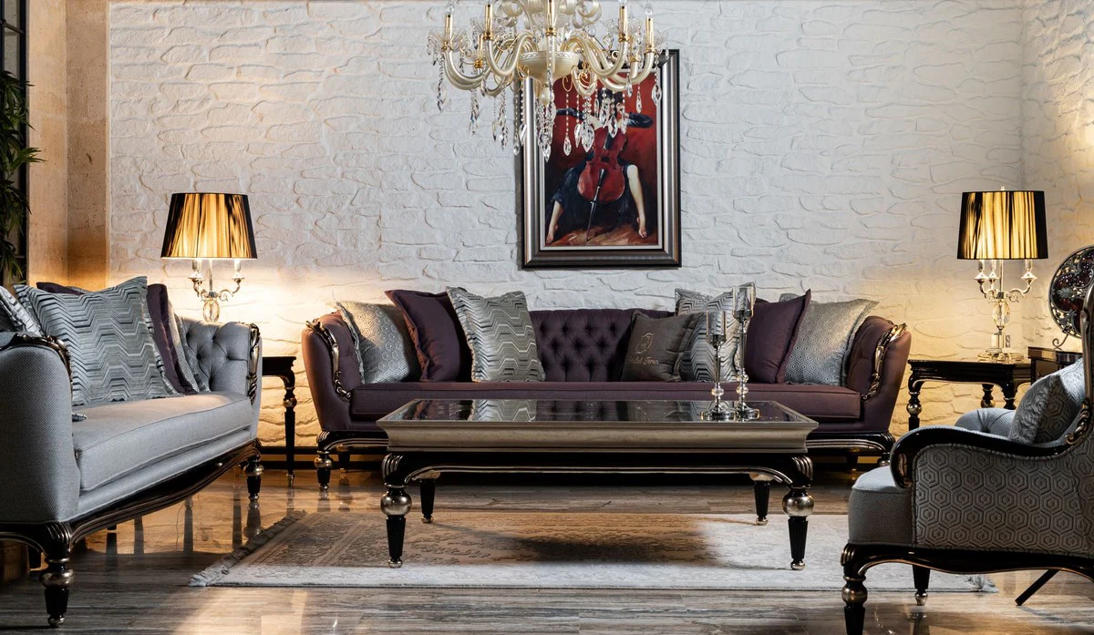 Casa Padrino mesa de centro barroco de lujo plata / negro - Mesa de sal¨®n de madera maciza hecha a mano con tapa de vidrio - Muebles de sal¨®n barrocos