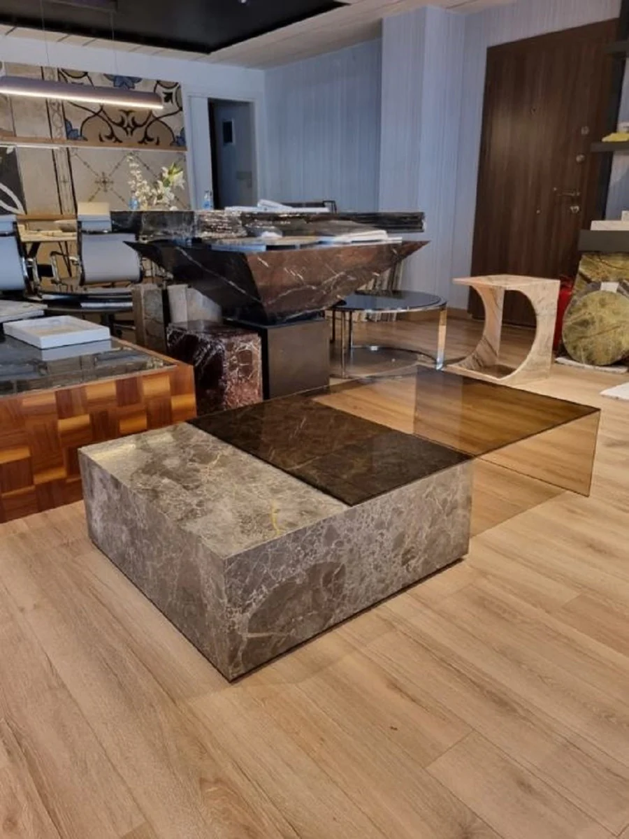 Casa Padrino Mesa de Centro de M¨¢rmol de Lujo con Tapa de Vidrio Gris 150 cm