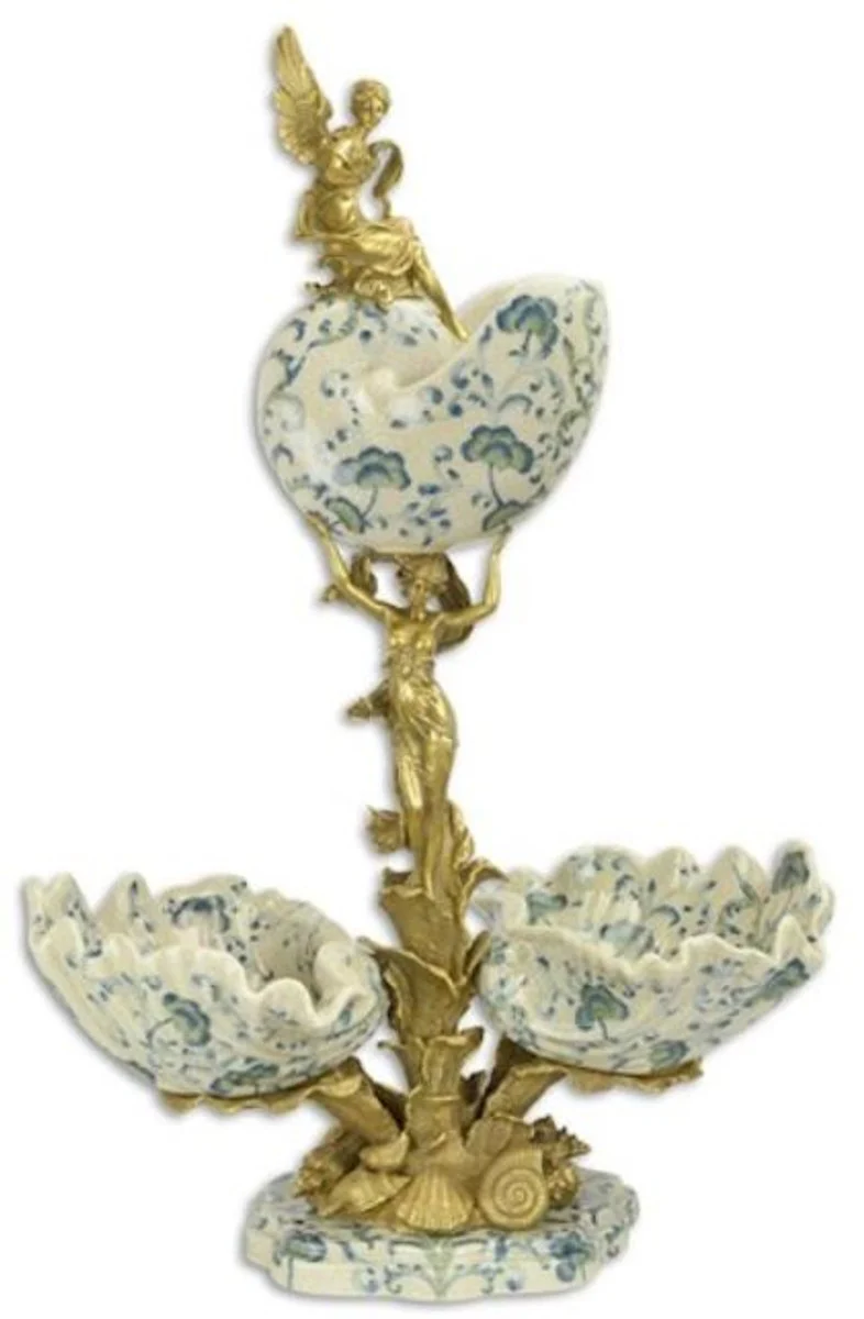 Casa Padrino objeto de decoración de mesa Art Nouveau crema / azul / oro 49,4 x 27,5 x A. 74 cm - Cuencos deco de porcelana con figuras de ángel de bronce decorativas - Accesorios barrocos y Art Nouveau