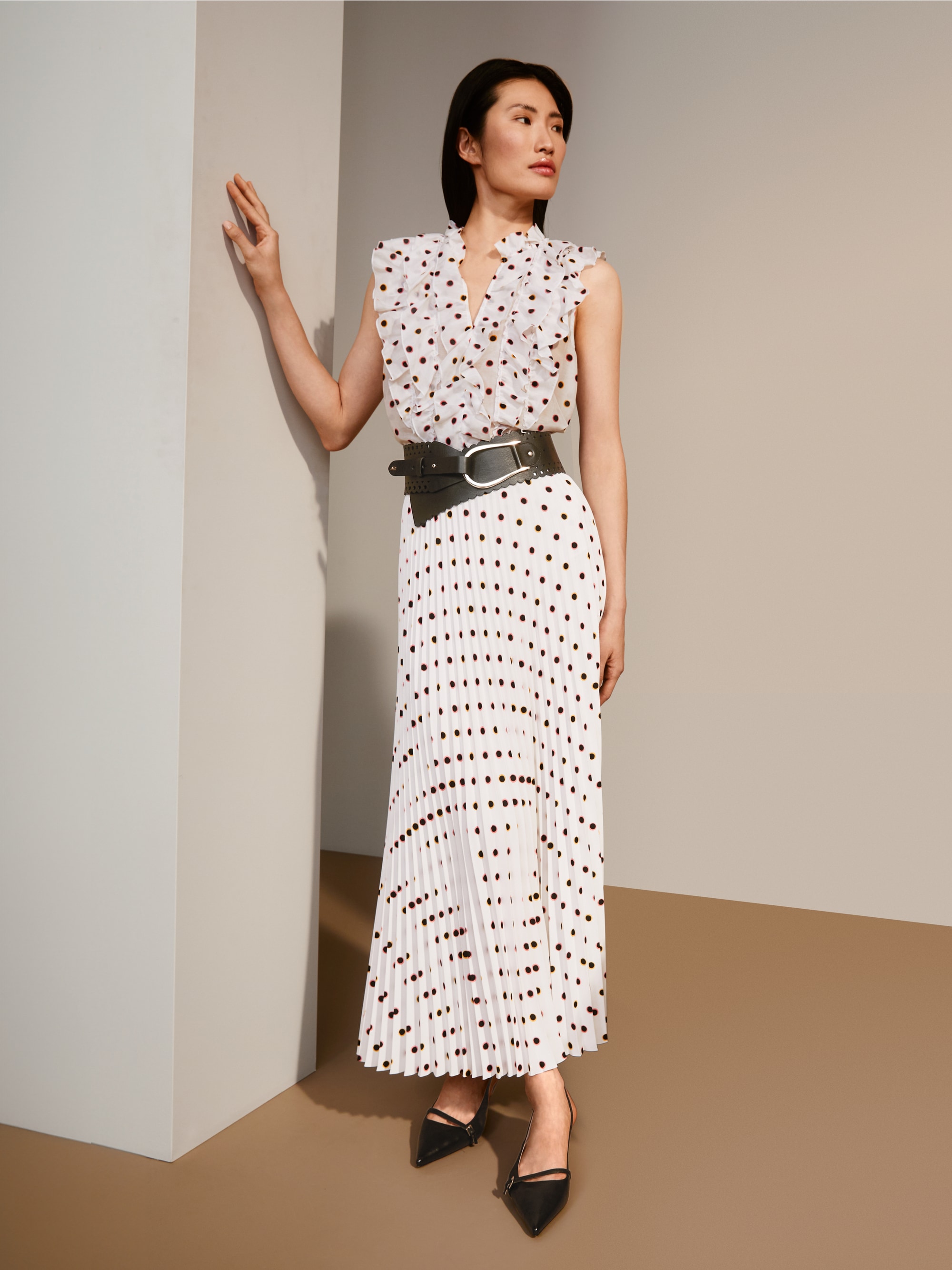 Marc-Cain Maxi Pleated Skirt with Polka Dot Print