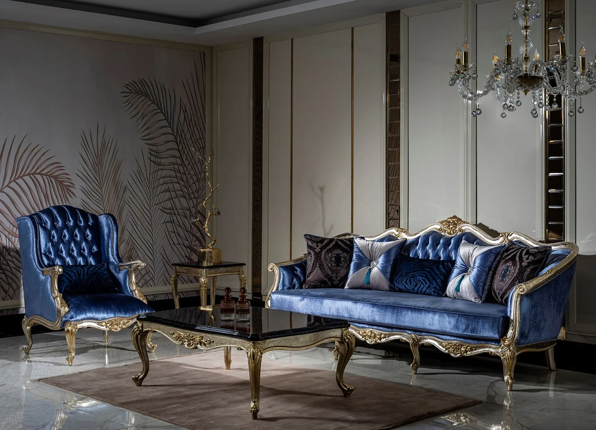 Casa Padrino conjunto de sala de estar barroco de lujo azul / plata / oro - 2 Sof¨¢s y 2 Sillones y 1 Mesa de Centro - Muebles de sal¨®n en estilo barroco magn¨ªfica