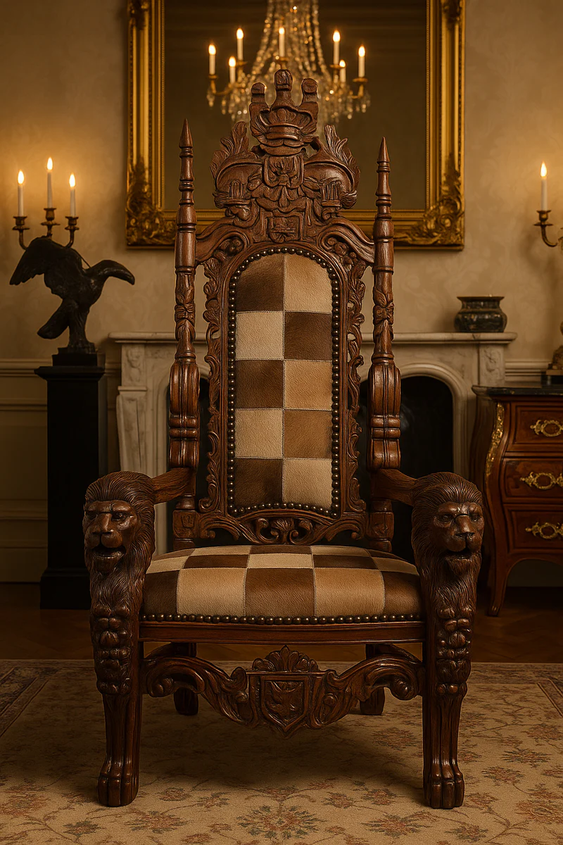 Casa Padrino sill¨®n de trono barroco con piel aut¨¦ntica multicolor / marr¨®n - Sill¨®n real hecho a mano - Sill¨®n de boda - Sill¨®n gigante - Magn¨ªficos muebles barrocos