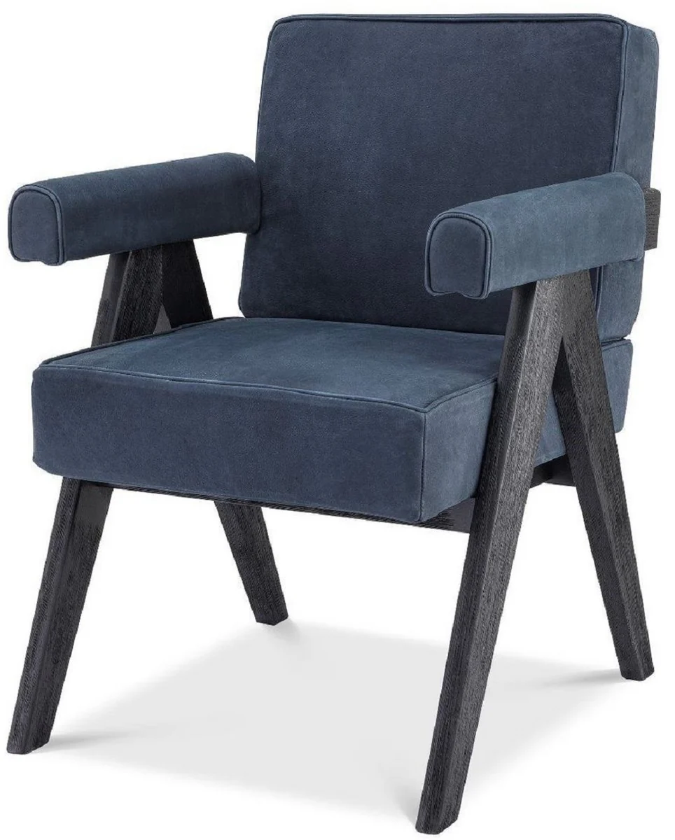 Casa Padrino silla de comedor de piel genuina de lujo con reposabrazos azul / negro 64 x 70 x A. 87,5 cm - Silla de cocina con cuero de b¨²falo nobuck fino - Muebles de comedor de lujo