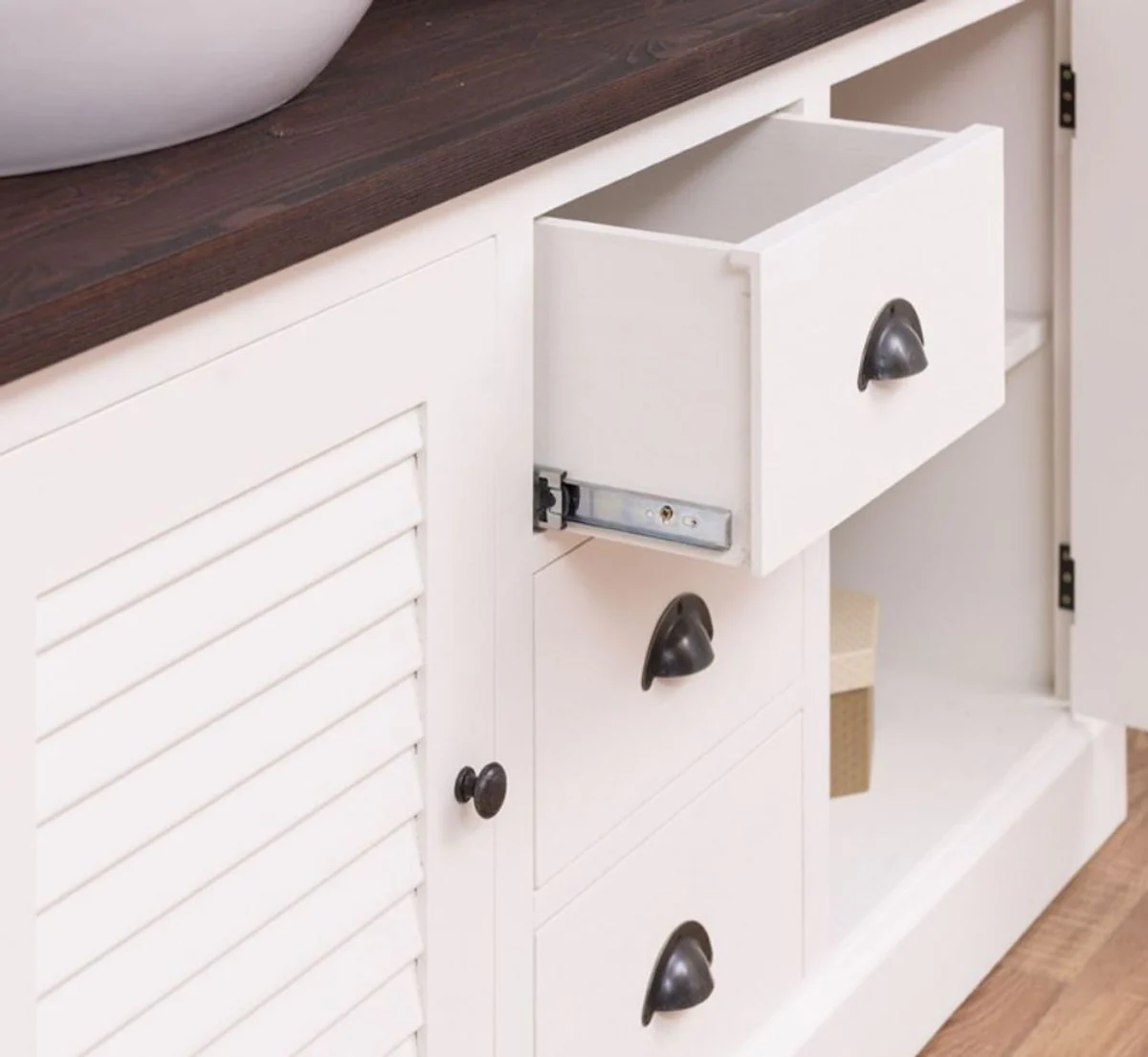 Casa Padrino Conjunto de Baño de Estilo Campestre Blanco / Marrón Oscuro - 1 Gabinete del Fregadero Doble y 2 Espejos de Pared - Muebles de Baño de Madera Maciza en Estilo Campestre