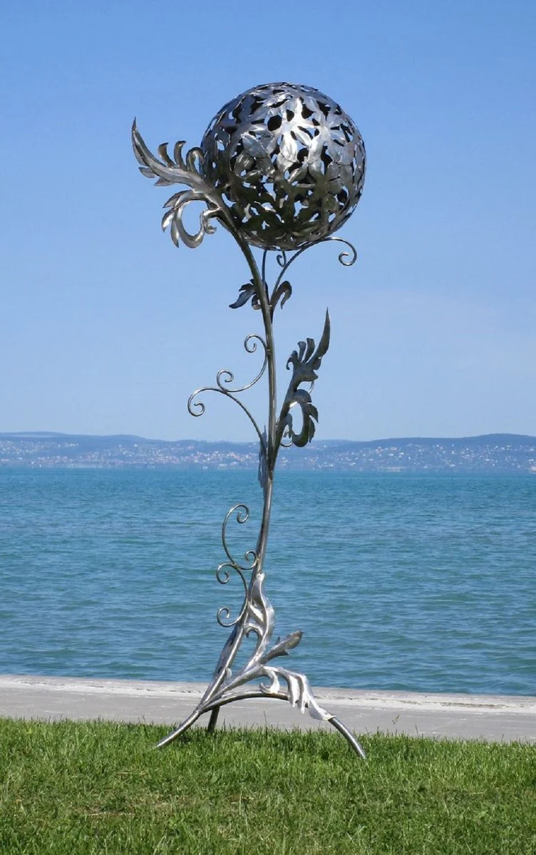 Casa Padrino escultura de jardín barroco de acero inoxidable columna con bola plata 85 x 82 x A. 200 cm - Decoración de jardín hecha a mano resistente a la intemperie