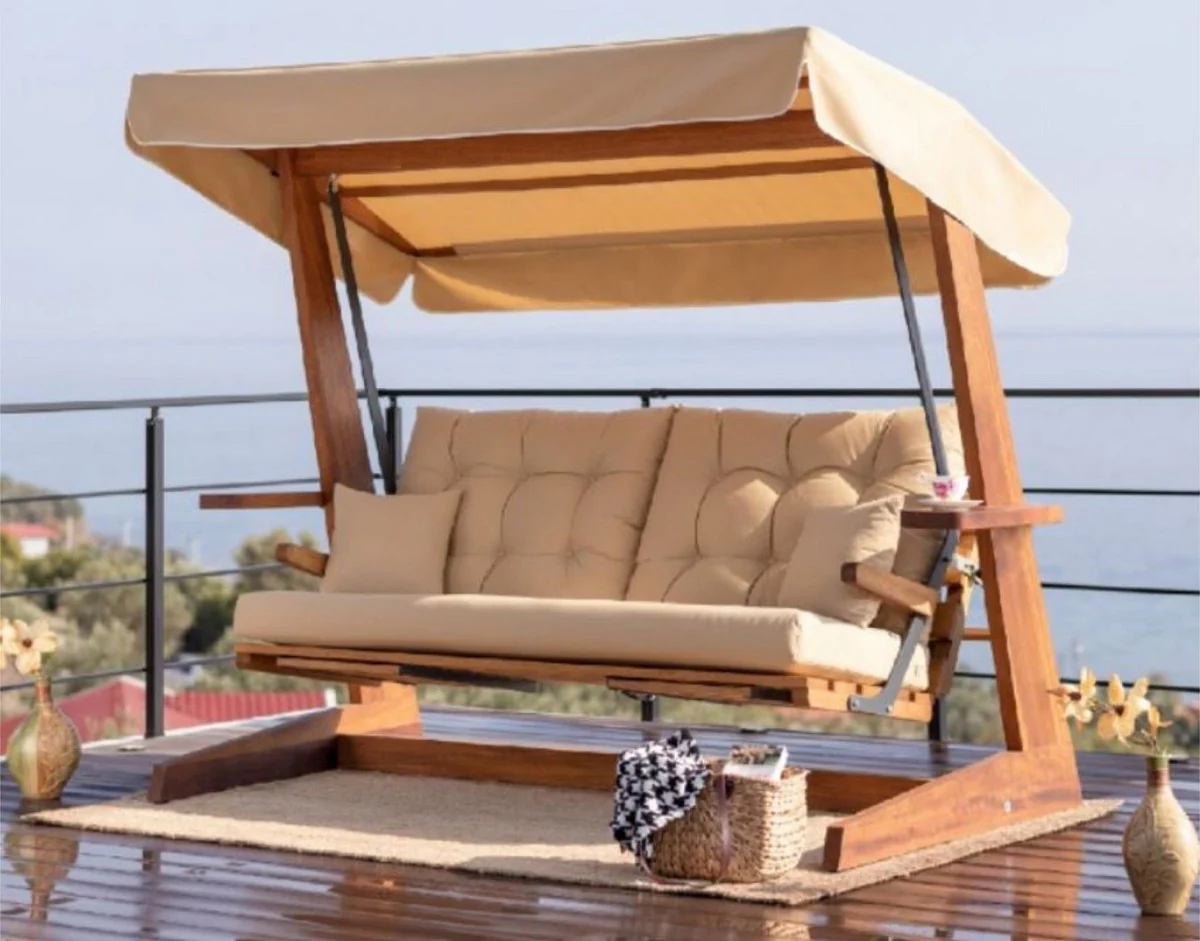 Casa Padrino columpio de Hollywood de lujo beige / marr¨®n - Columpio de jard¨ªn con toldo para el sol - Muebles de Lujo - Muebles de Jard¨ªn - Interiores de lujo