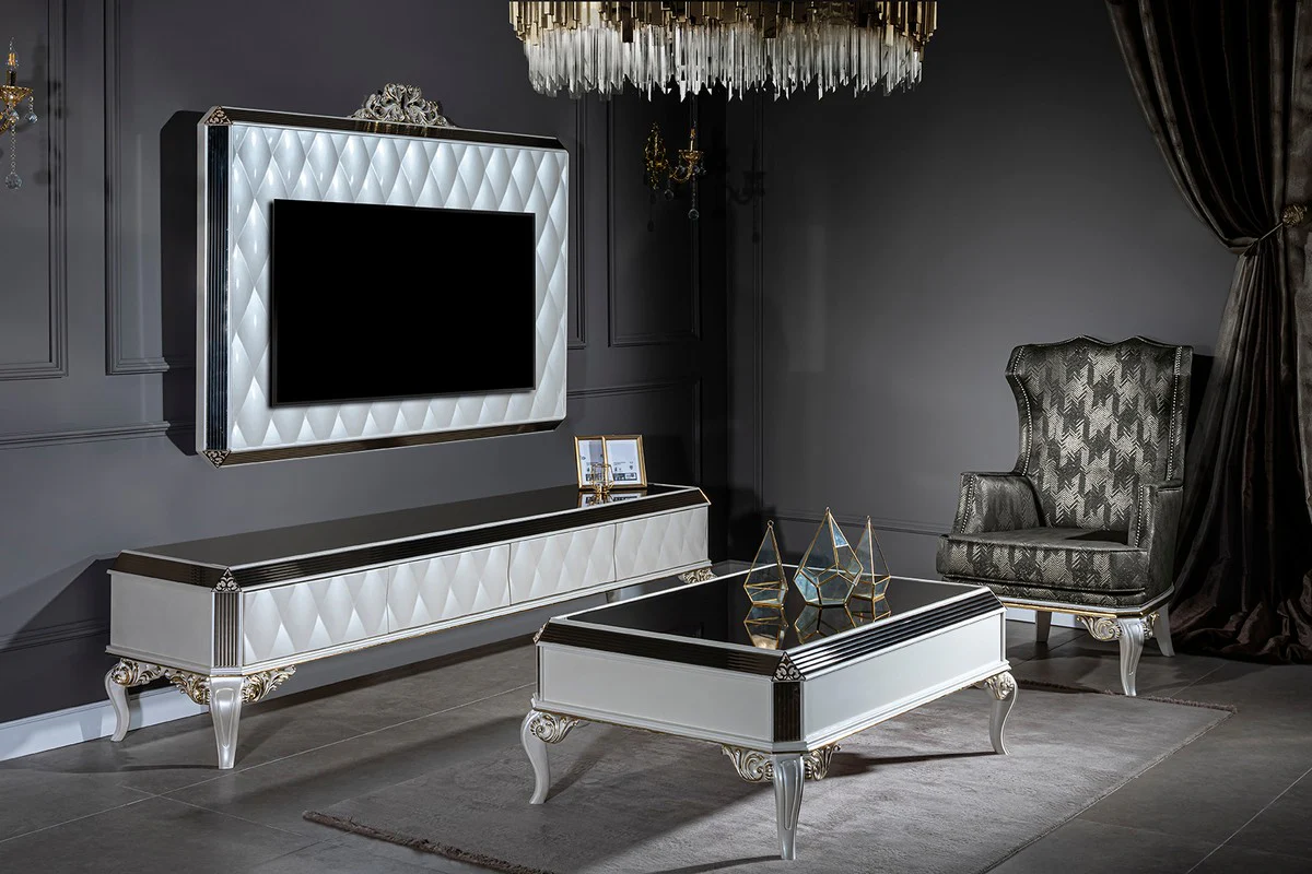 Casa Padrino gabinete de TV barroco de lujo blanco / oro / negro 235 x 52 x A. 54 cm - Aparador de madera maciza noble con pared de TV - Gabinete de sala de estar - Muebles de salón en estilo barroco