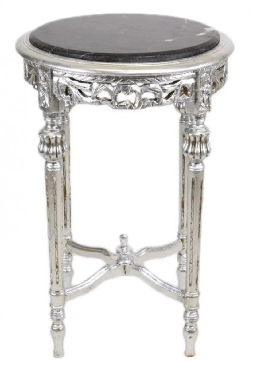 Casa Padrino Baroque table with black marble top round silver 70 x 45 cm antique style - phone flower stand