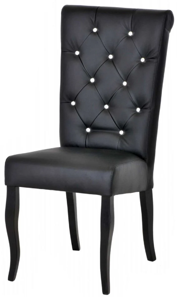 Casa Padrino Silla de Comedor Chesterfield Neo Barroco Negro / Negro - Silla de Cocina de Cuero Artificial con Pedrer¨ªa - Muebles de Comedor - Muebles Chesterfield - Muebles Neo Barroco