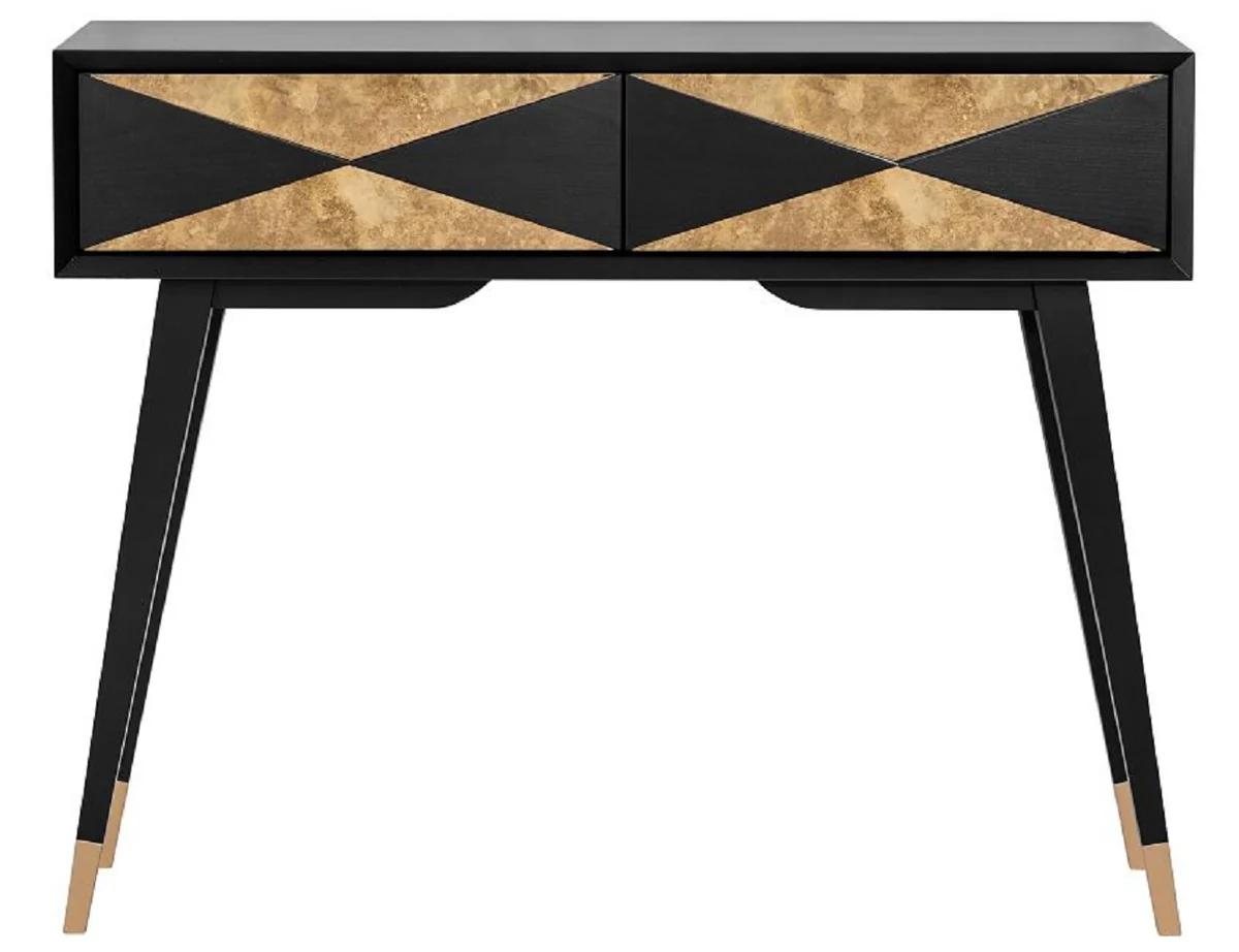 Casa Padrino Consola de Lujo Negro Mate / Oro Antiguo / Oro 100 x 35 x A. 80 cm - Consola de Madera Maciza Espejada y 2 Cajones - Muebles de Lujo - Interiores de Lujo