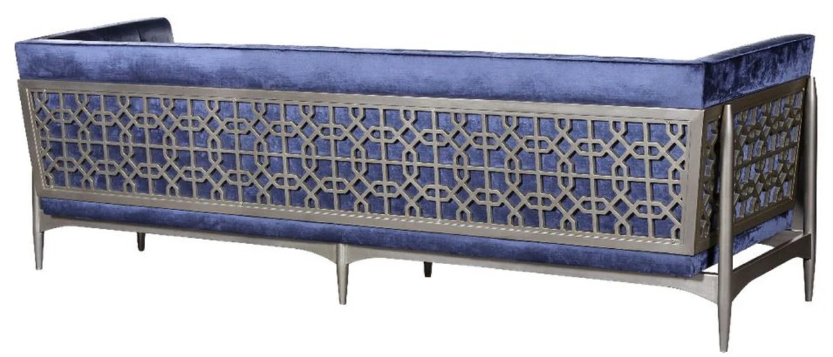Casa Padrino sof¨¢ Art Deco de lujo de 3 plazas azul / gris 250 x 76 x A. 83 cm - Sof¨¢ de terciopelo noble con estructura de caoba - Muebles de Sal¨®n Art Deco
