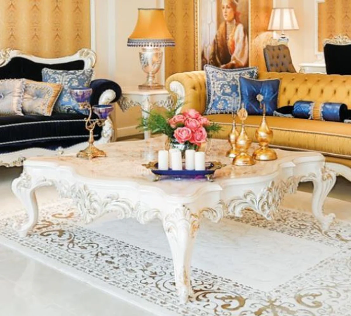 Casa Padrino mesa de centro barroco de lujo beige / blanco / oro 145 x 145 x A. 45 cm - Magn¨ªfica mesa de sal¨®n de madera maciza con decoraciones nobles - Muebles de sal¨®n barrocos