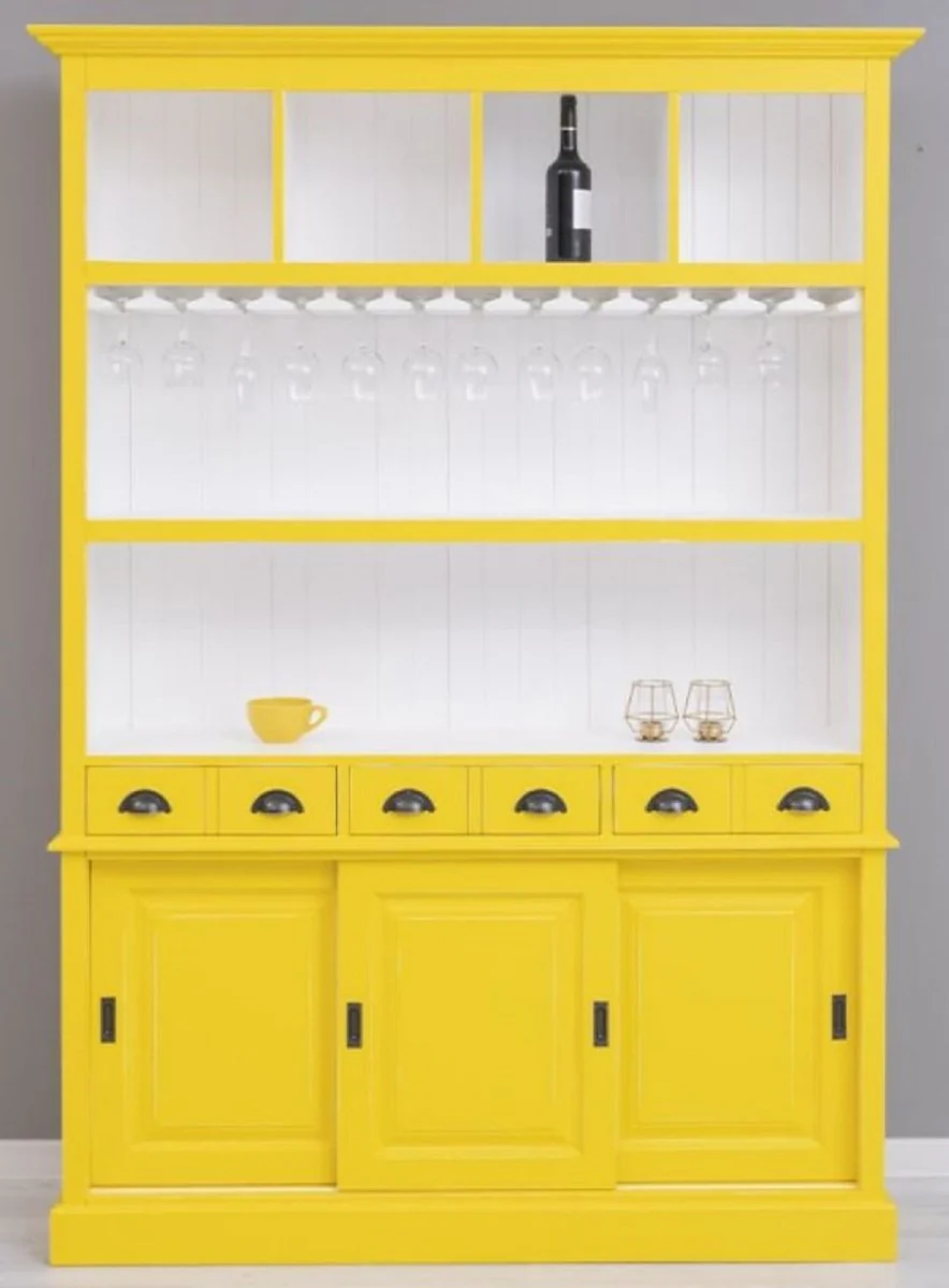 Casa Padrino armario de bar de madera maciza de estilo campestre amarillo / blanco 151 x 36 x A. 210 cm - Gabinete de vino de madera maciza estilo campestre - Mueble bar de estilo campestre