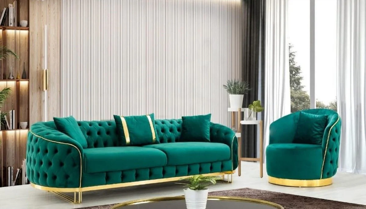Casa Padrino sill¨®n Chesterfield de lujo verde / oro 90 x 95 x A. 75 cm - Sill¨®n de sal¨®n moderno - Muebles de Sal¨®n Chesterfield