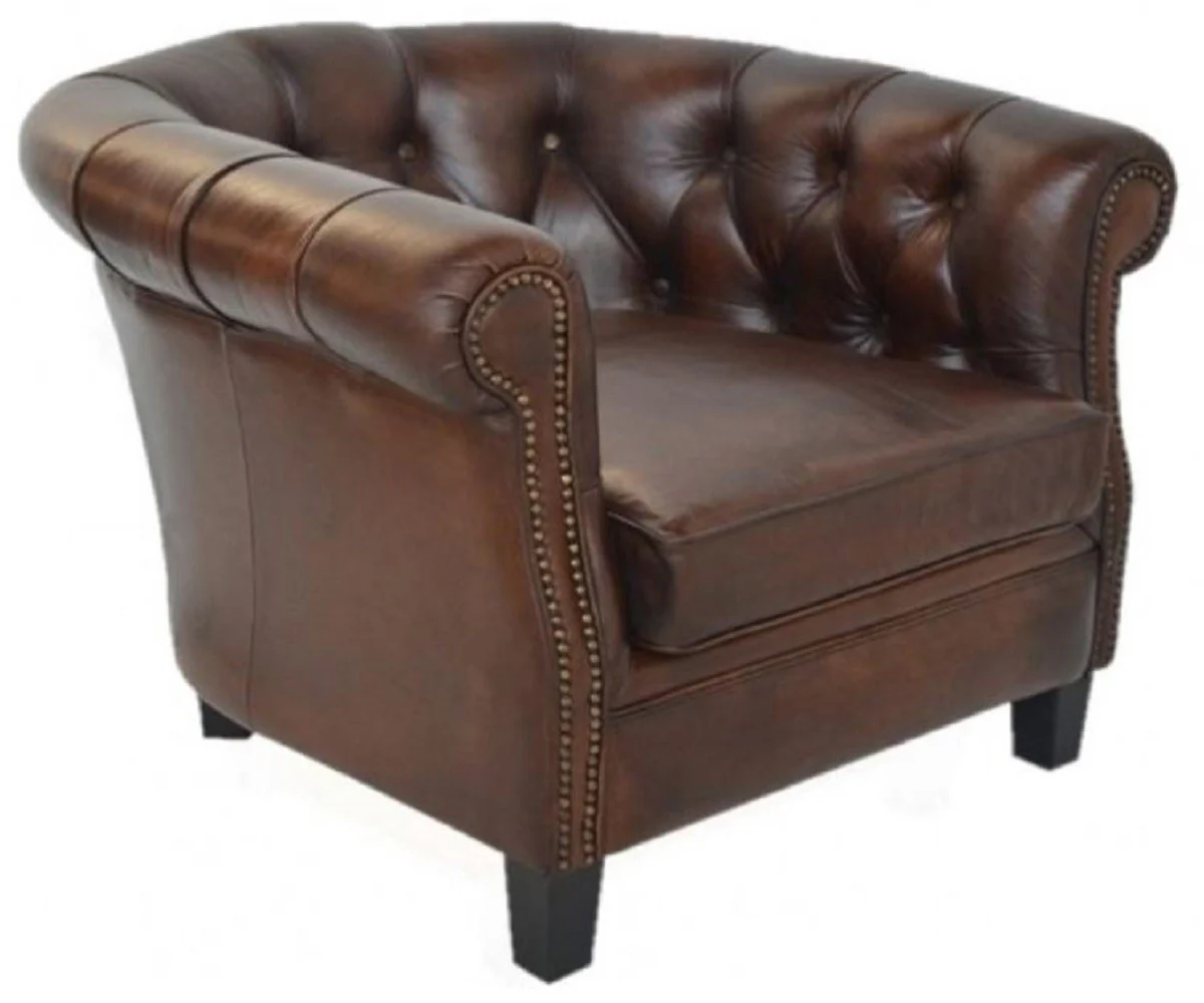 Casa Padrino sill¨®n de cuero Chesterfield de lujo marr¨®n oscuro / negro 80 x 80 x A. 66 cm - Sill¨®n de sal¨®n de cuero aut¨¦ntico - Muebles de Sal¨®n Chesterfield