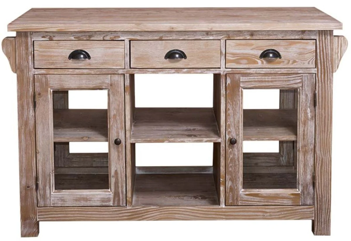 Casa Padrino isla de cocina de estilo country natural 135 x 65 x H. 90 cm - Gabinete de Cocina de Estilo Country con 4 Puertas de Vidrio y 6 Cajones