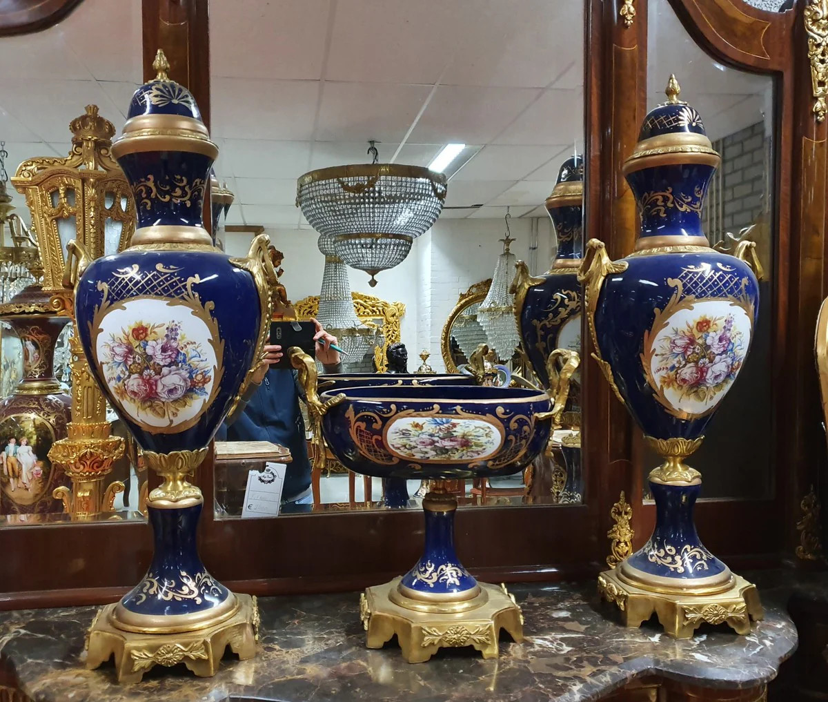 Casa Padrino juego de jarrones y cuencos de porcelana barroca de lujo (2 jarrones y 1 cuenco) con asas de latón