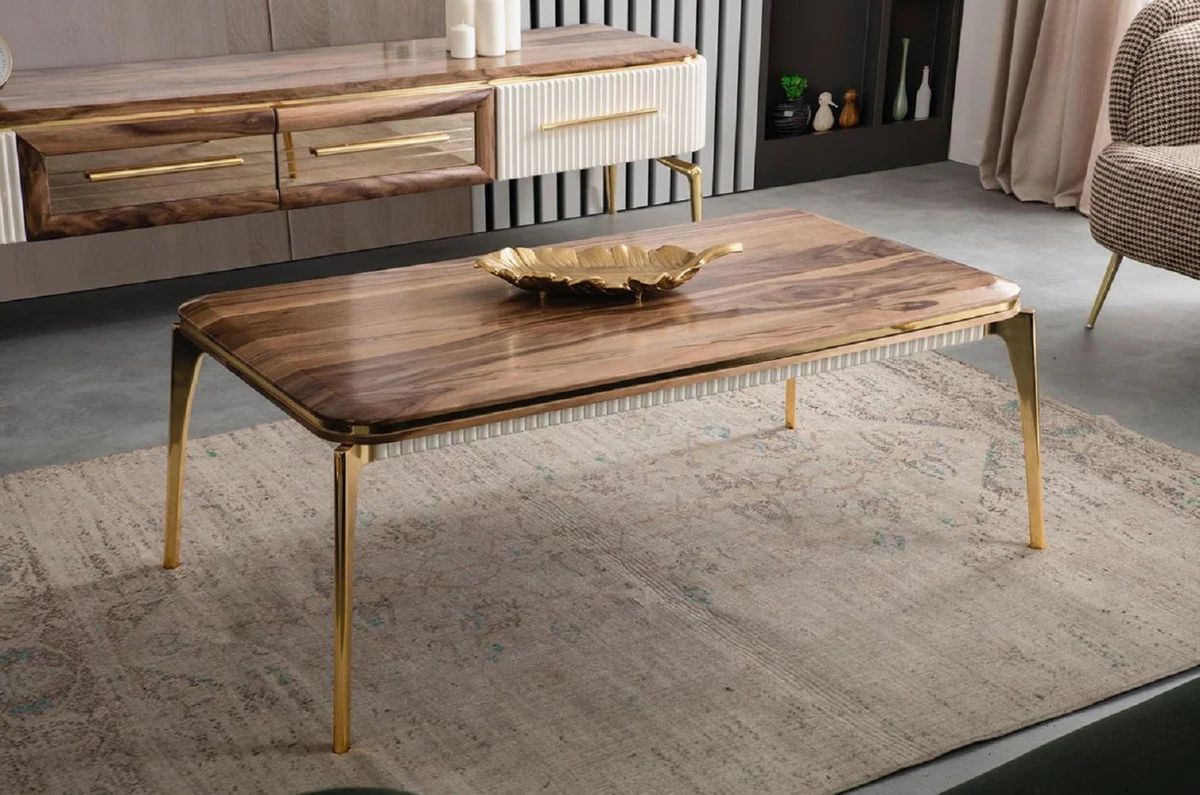 Casa Padrino gabinete TV Art Deco de lujo marrón / blanco / oro 235 x 48 x A. 48 cm - Aparador de salón con 4 cajones - Muebles Art Deco - Muebles de salón - Muebles de lujo