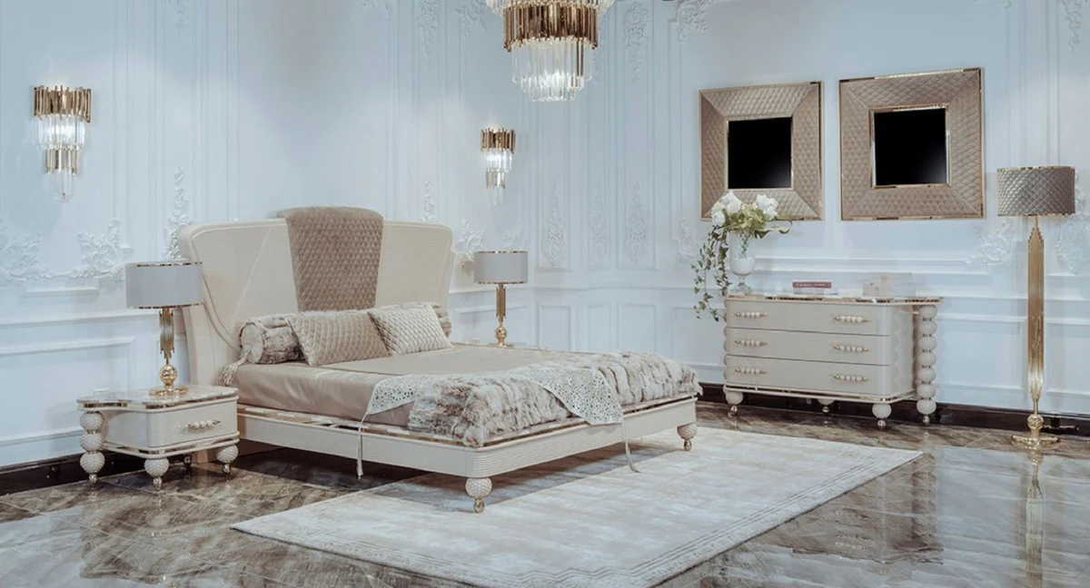 Casa Padrino cama doble Art Deco de lujo beige / gris / oro - Cama noble de madera maciza con cabecera - Muebles de Dormitorio y Hotel Art Deco - Colección de Lujo