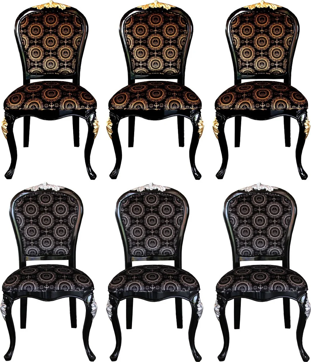 Pomp??s by Casa Padrino Sillas de Comedor Barroco de Lujo con Corona Negro / Oro & Negro / Plata 54 x 53 x H. 108 cm - Sillas de Estilo Barroco de Pomp??s Dise?adas por Harald Gl??ckler - 6 Sillas de Comedor - Muebles de Comedor Barrocos