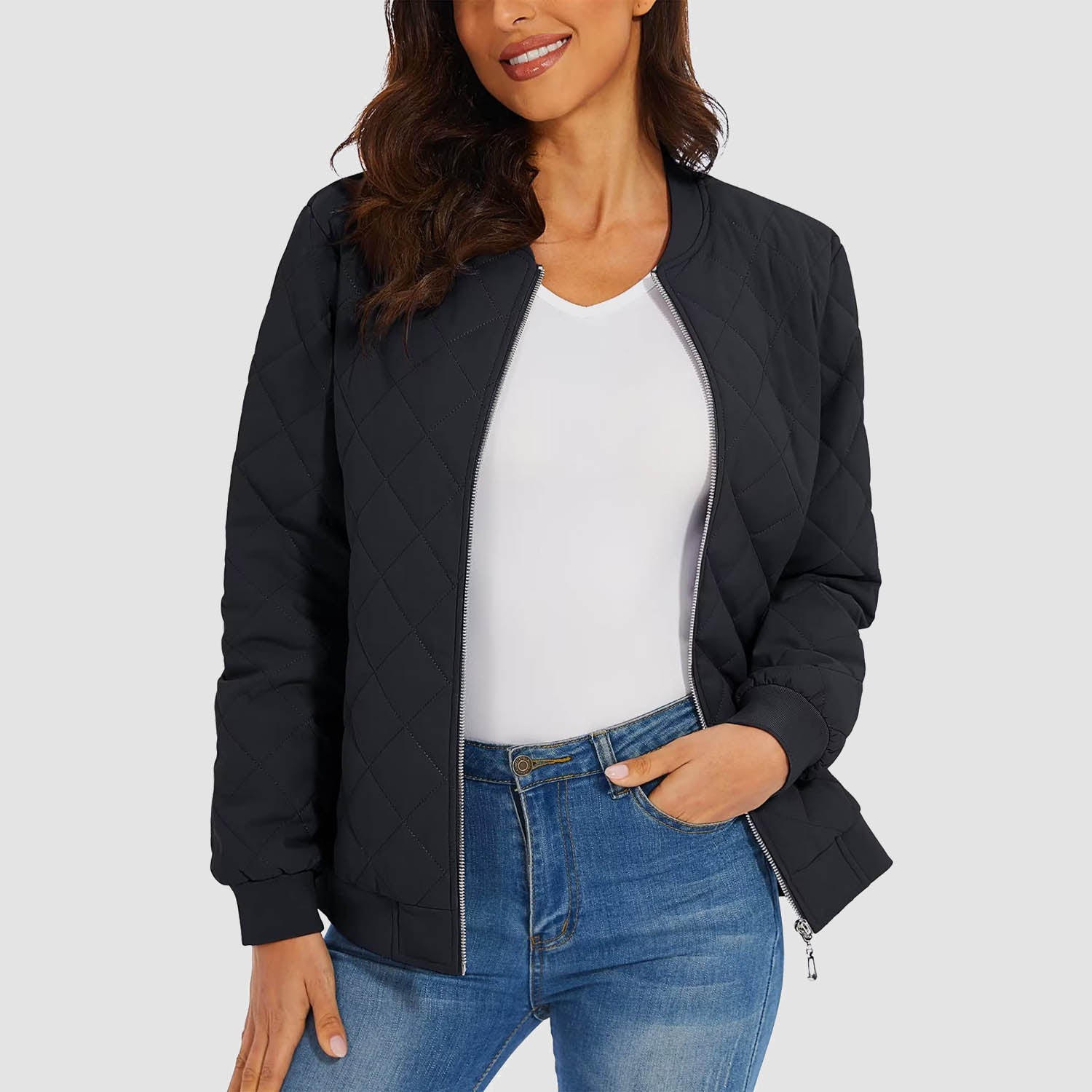 Women's Quilted Jackets Bomber Jacket with 2 Zip Pockets Puffer Casual Winter Jacket