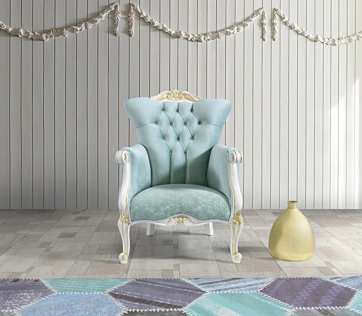 Casa Padrino conjunto de sala de estar barroco verde claro / blanco / oro - 2 Sof¨¢s y 2 Sillones y 1 Mesa de Centro - Muebles de sal¨®n de estilo barroco nobles