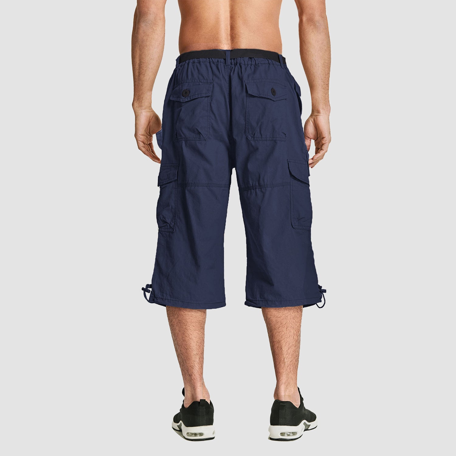 Men Summer Casual 3/4 Long Cargo Shorts Twill Cotton Elastic Waist Multiple Pockets Comfortable Capris Trousers