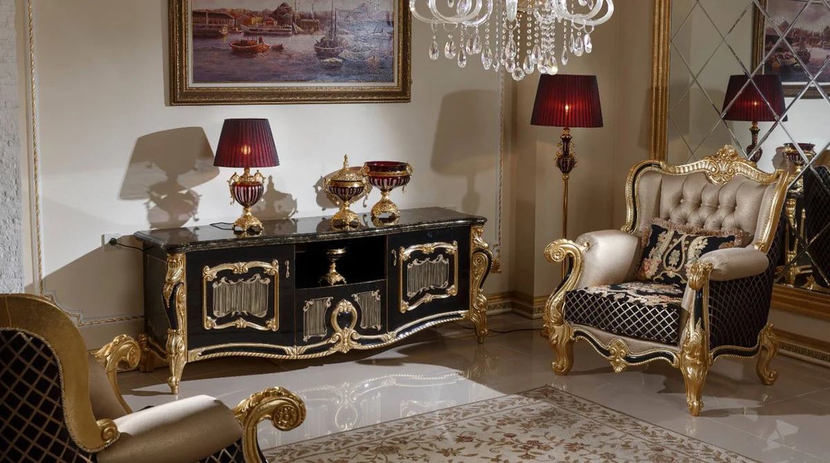 Casa Padrino armario TV barroco de lujo negro / oro - Magnífico aparador de madera maciza con 2 puertas y cajón - Muebles Barrocos - Noble y Magnífico